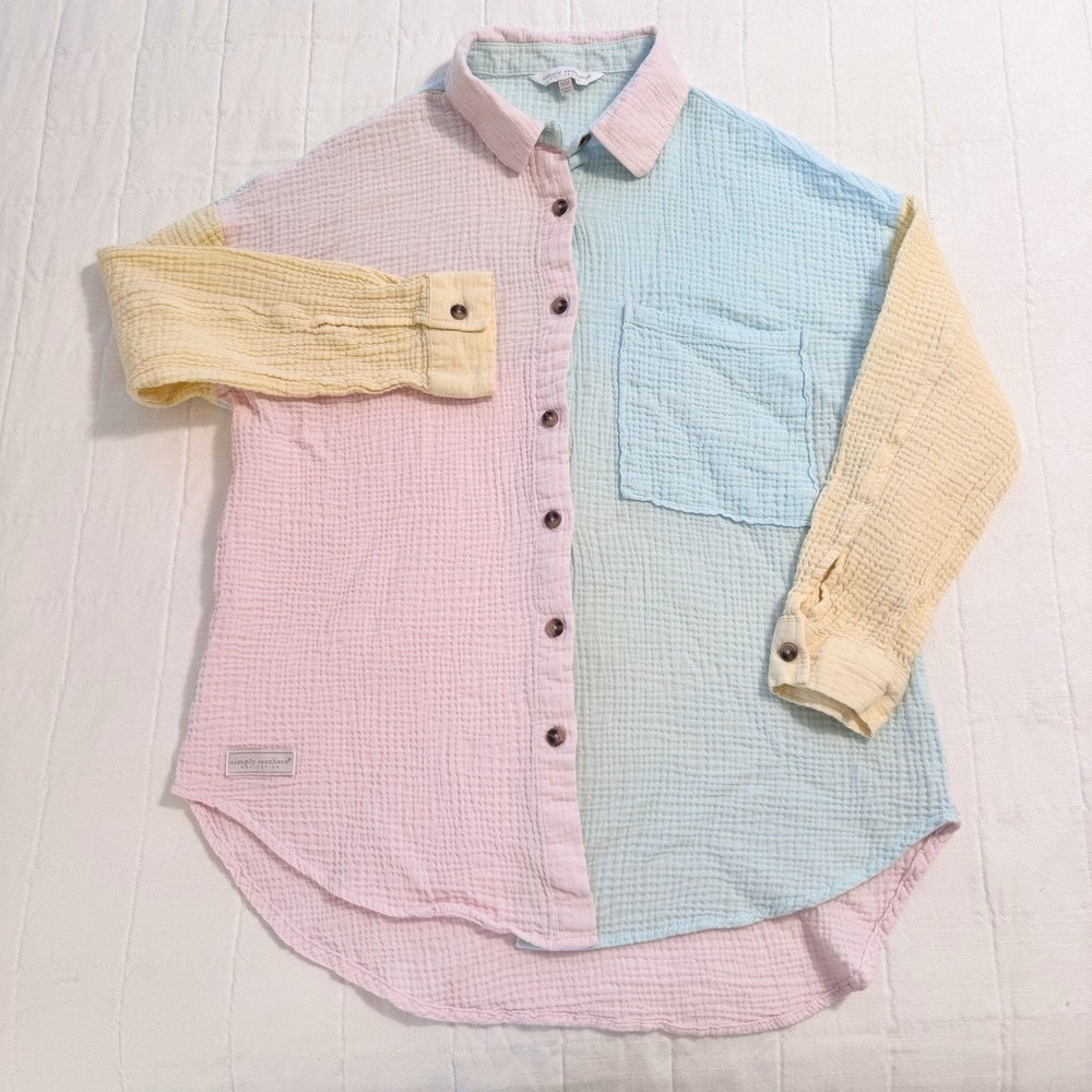 Simply Southern Collection Pastel Colorblock Button Down‎ Shirt Gauze S/M Beach